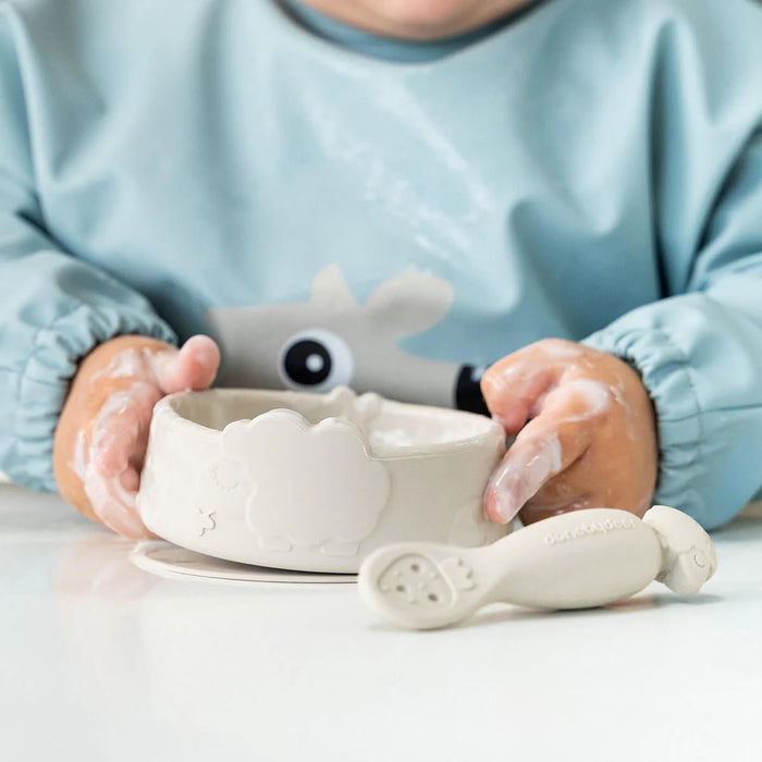 Done by Deer - Silicone Stick&Stay bowl & baby spoon - Sheepy Sand