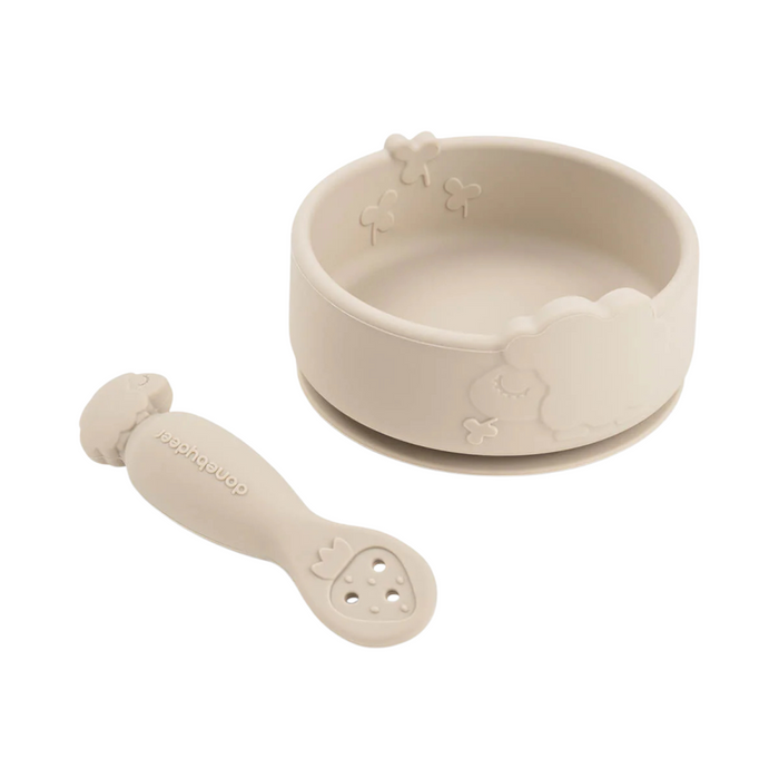 Done by Deer - Silicone Stick&Stay bowl & baby spoon - Sheepy Sand