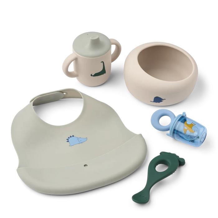Liewood - Mileah Baby Mealtime Set - Dino Roar / Dove blue