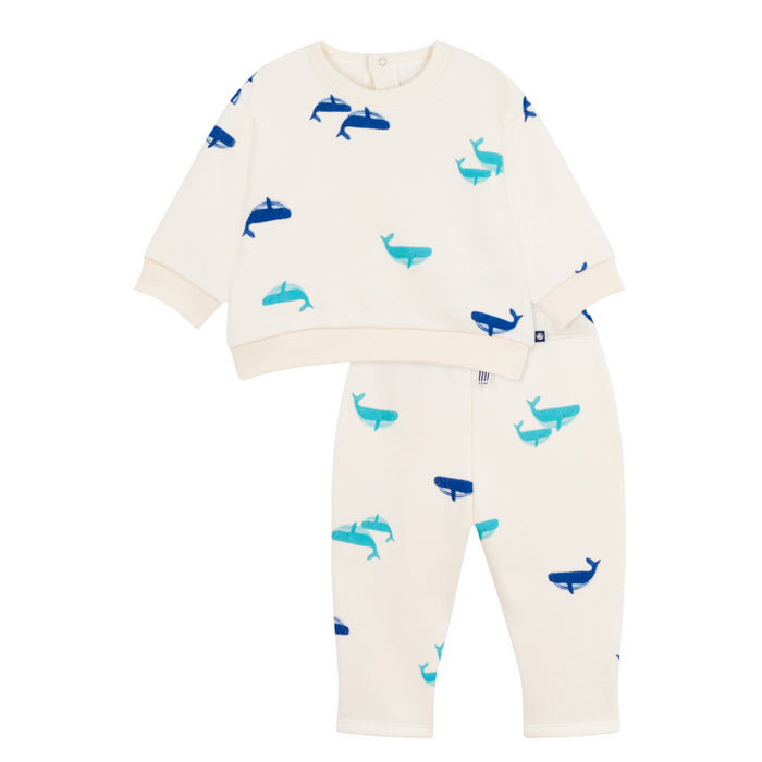 Petit Bateau - Sweatshirt en broekje van katoen met walvisprint