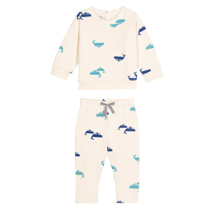 Petit Bateau - Sweatshirt en broekje van katoen met walvisprint