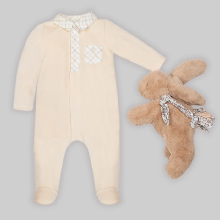 Patachou - Jersey velour babygrow with check details