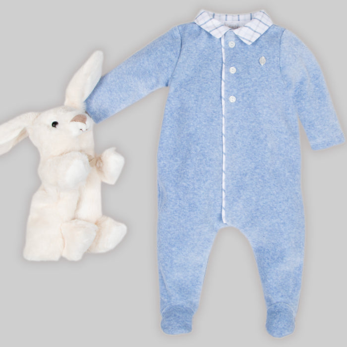Patachou - Blue velour check collar babygrow