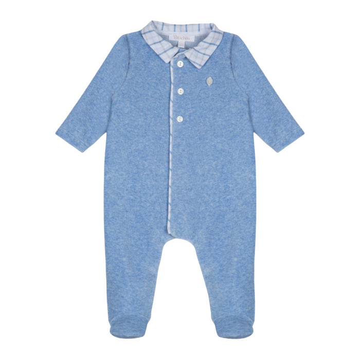 Patachou - Blue velour check collar babygrow
